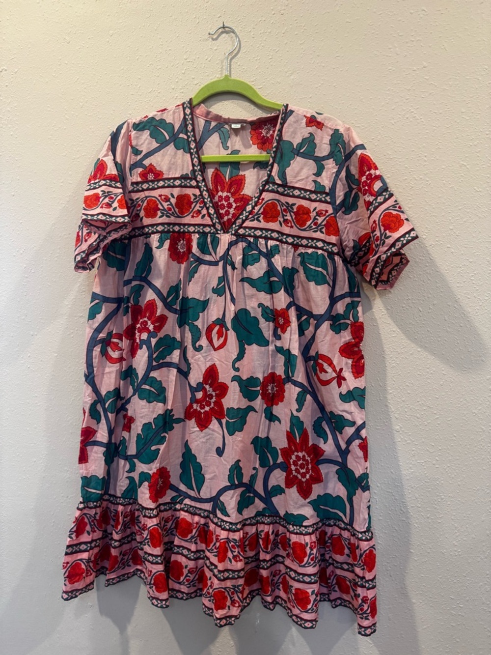 Women’s  Pink Floral V-Neck Cotton Beach Dress
